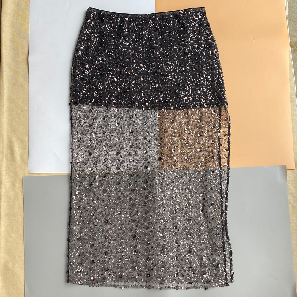 Avec Les Filles Black and Silver Sequin Midi Skirt
